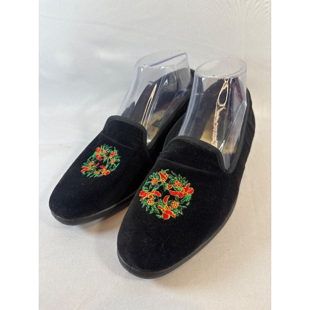 Black Velvet Christmas Wreath Embroidered Slip-On Loafer Flat Sz 8